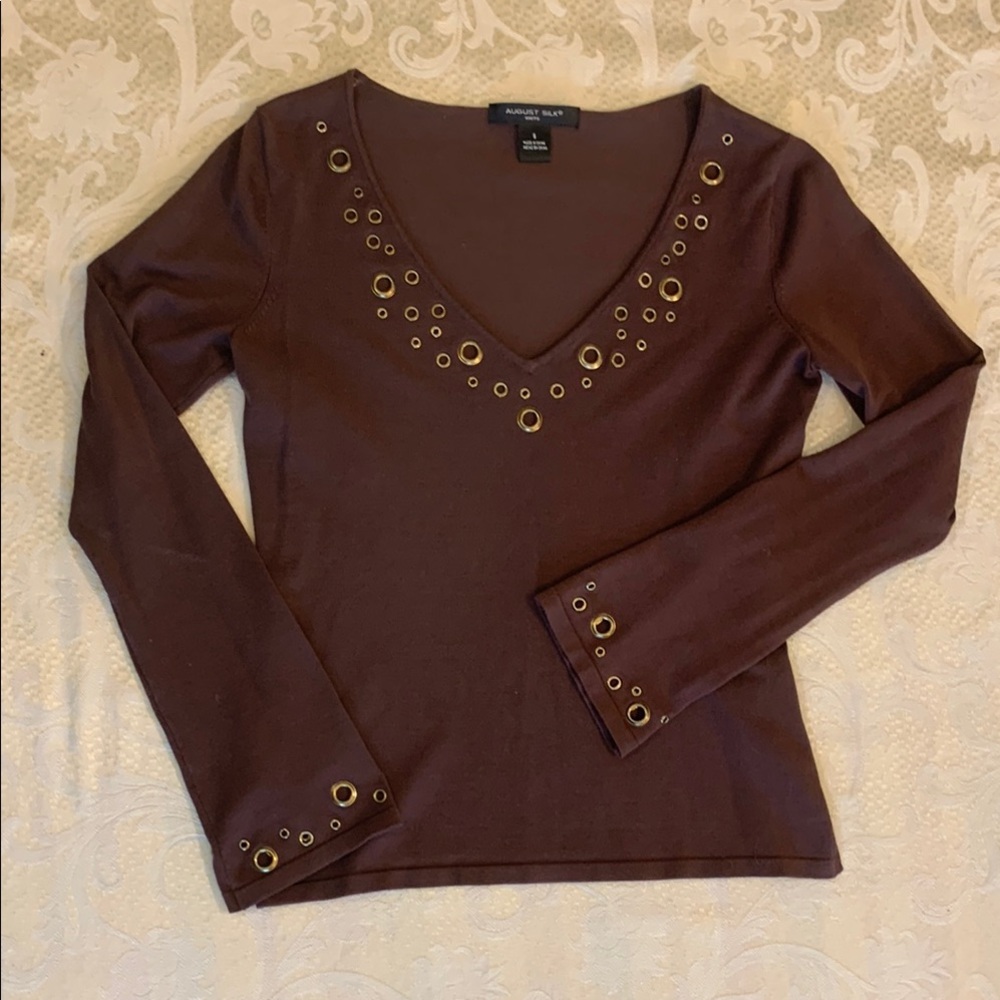 August Silk Brown Embellished Long Sleeve Blouse
